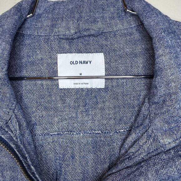 Old Navy Utility Jacket Size Medium M Blue Linen Blend Chambray Full Zip Snaps - Picture 2 of 6